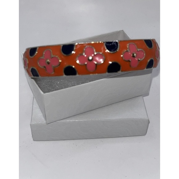 Vintage Floral Cloisonne Gold Tone Enamel Bangle Bracelet Orange Pink Blue - Picture 3 of 5
